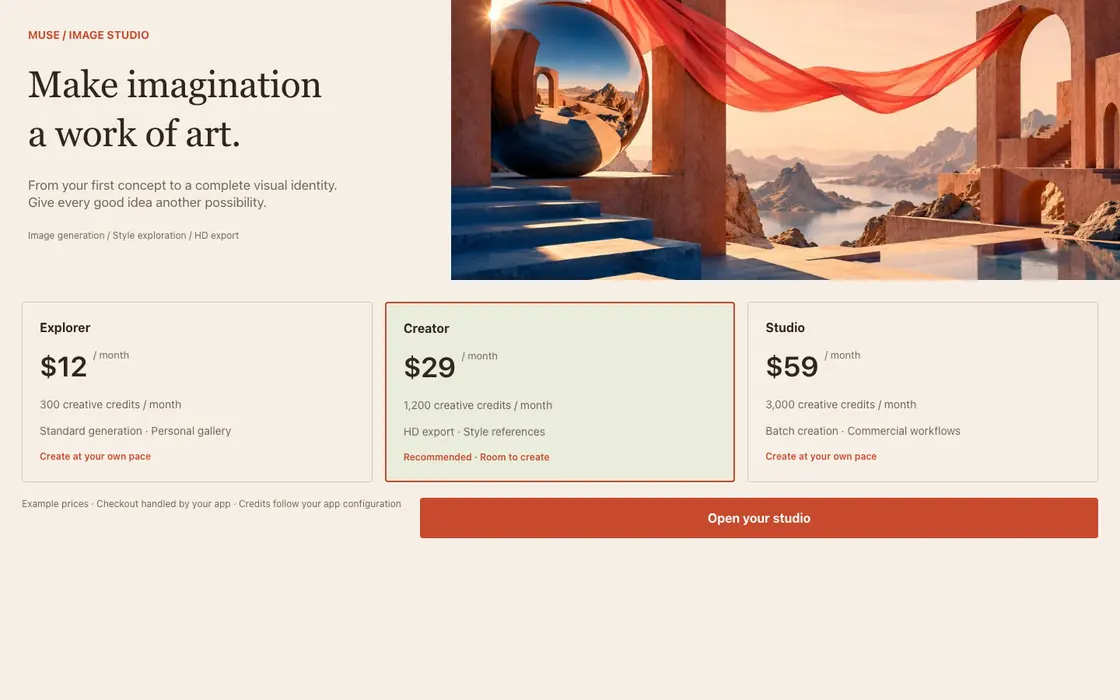 MUSE paywall template, rendered in English by the SDK at a desktop viewport.